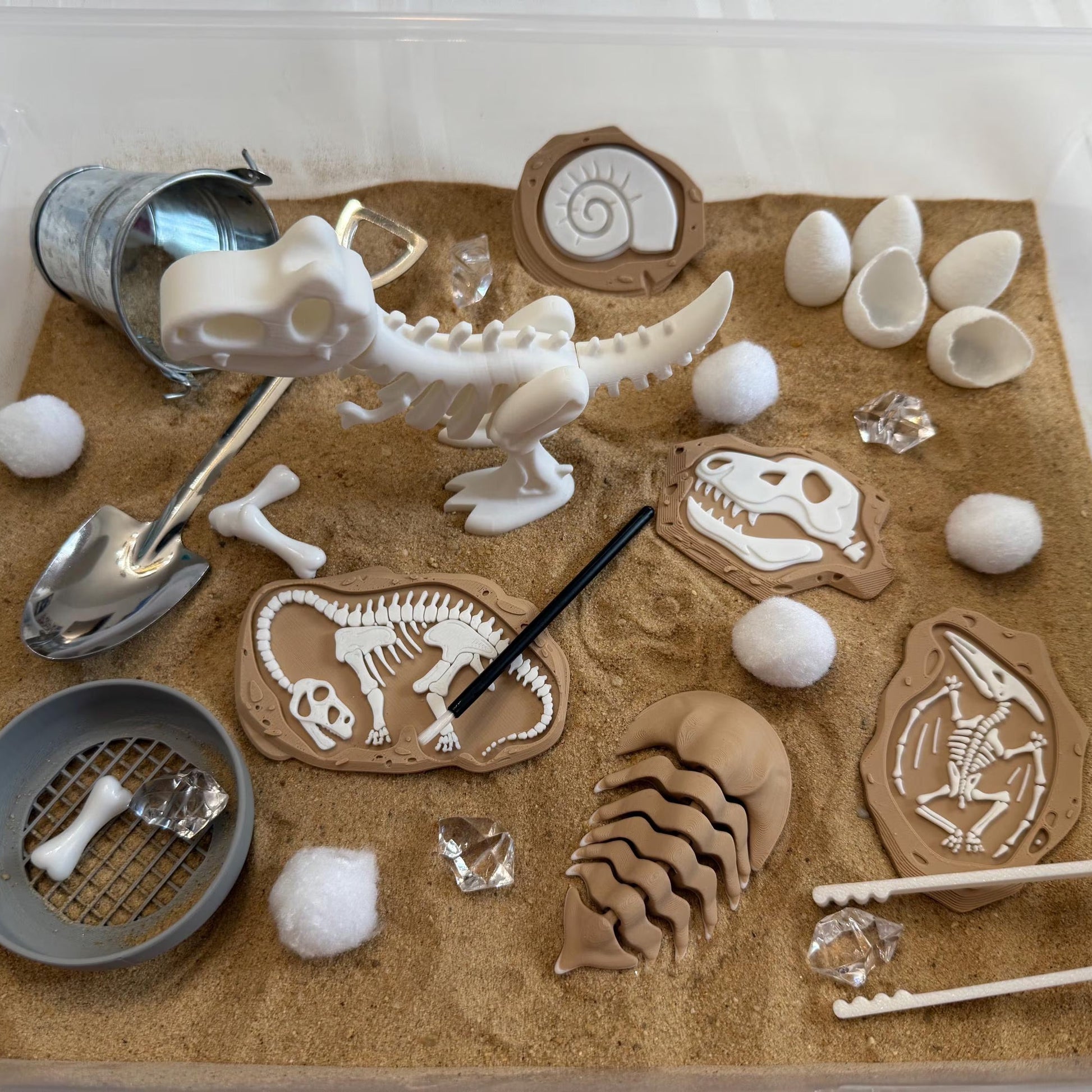 Dinosaur-themed play sand set with skeletons, shells, and tools in a clear container.