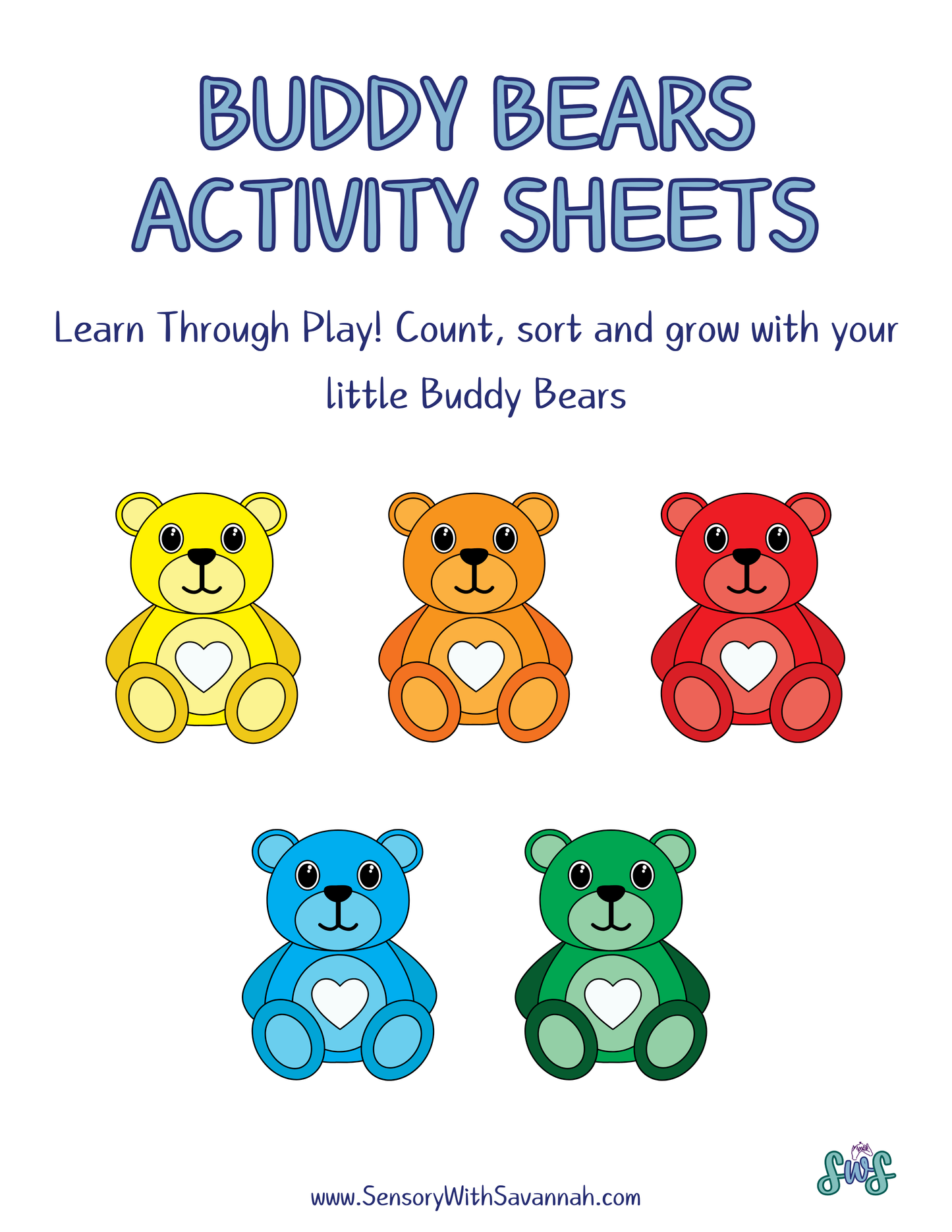 Activity sheets with mini plastic bears to work on counting, sorting, colors and patterns for toddlers.