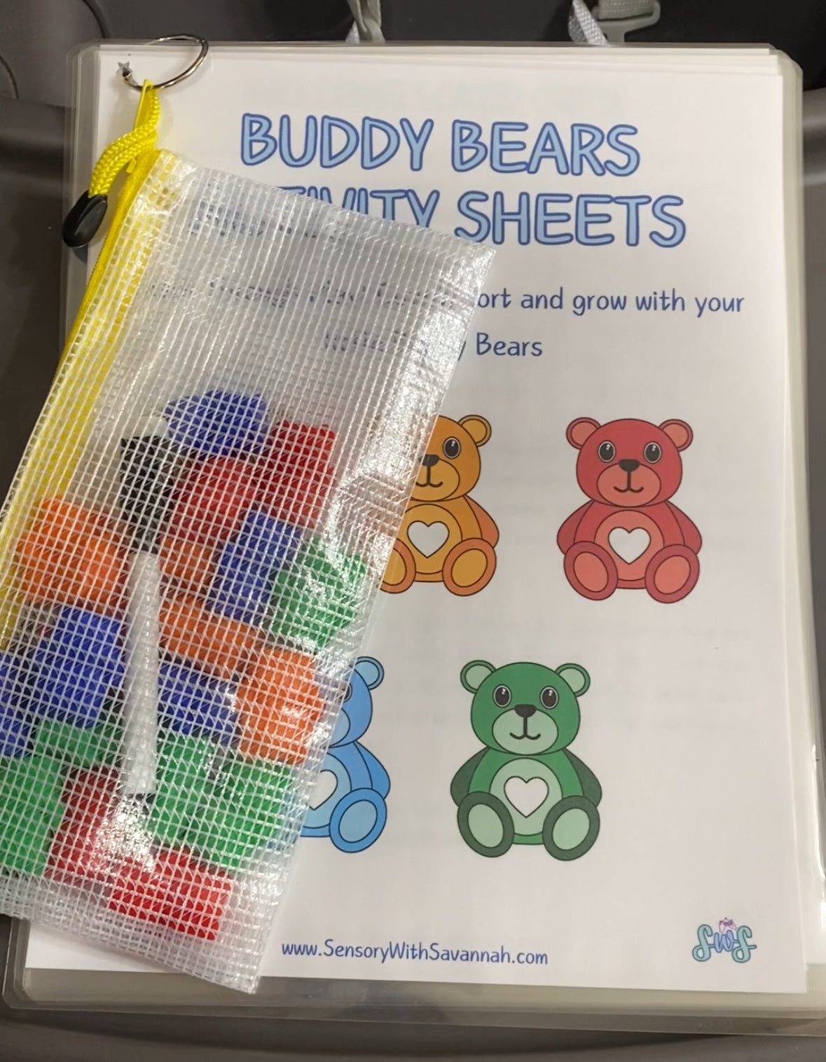 Activity sheets with mini plastic bears to work on counting, sorting, colors and patterns for toddlers.