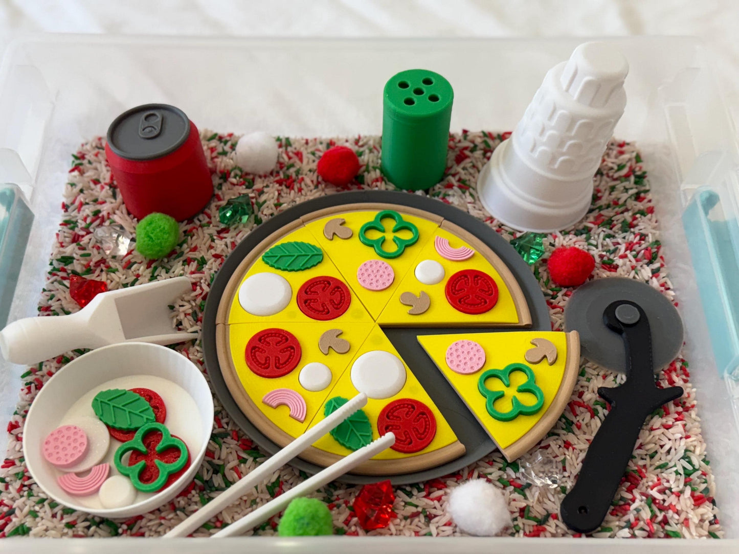 Pizza Puzzle Sensory Bin - Montessori Fine Motor Play Kit for Kids | Interactive Pretend Play Toy | Flisat Filler | Busy Bin