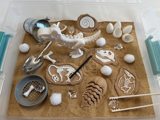 Dinosaur Fossil Dig Sensory Bin – Montessori Excavation Activity Kit for Kids | STEM Learning & Pretend Play | Flisat Filler | Busy Bin