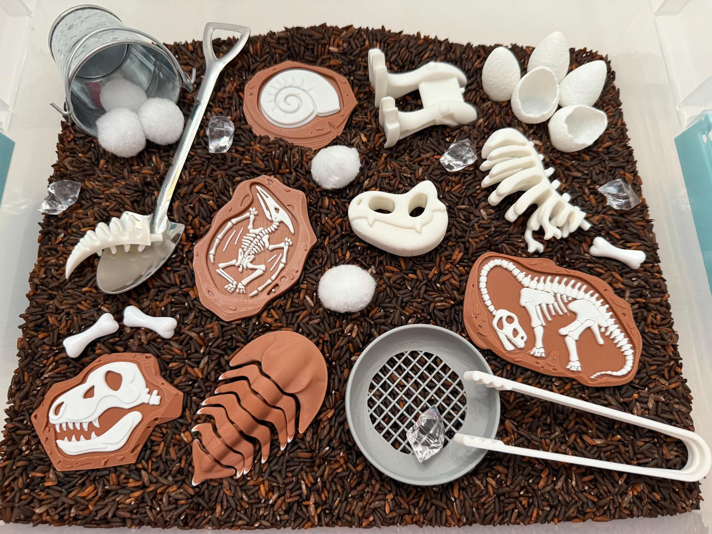 Dinosaur Fossil Dig Sensory Bin – Montessori Excavation Activity Kit for Kids | STEM Learning & Pretend Play | Flisat Filler | Busy Bin