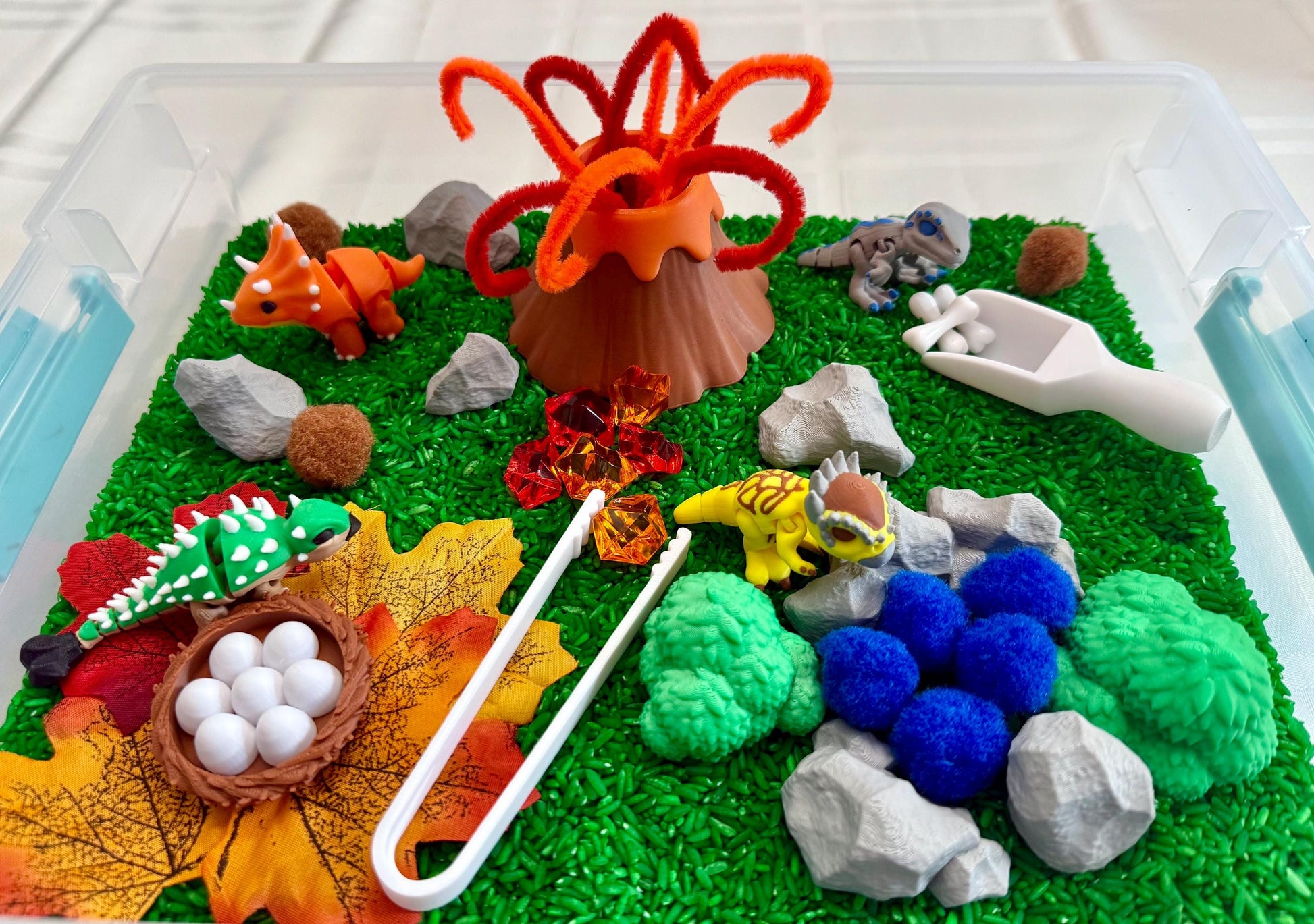 Dinosaur Adventure Sensory Bin – Montessori Jurassic Activity Kit | STEM Learning & Pretend Play Toy | Flisat Filler | Busy Bin