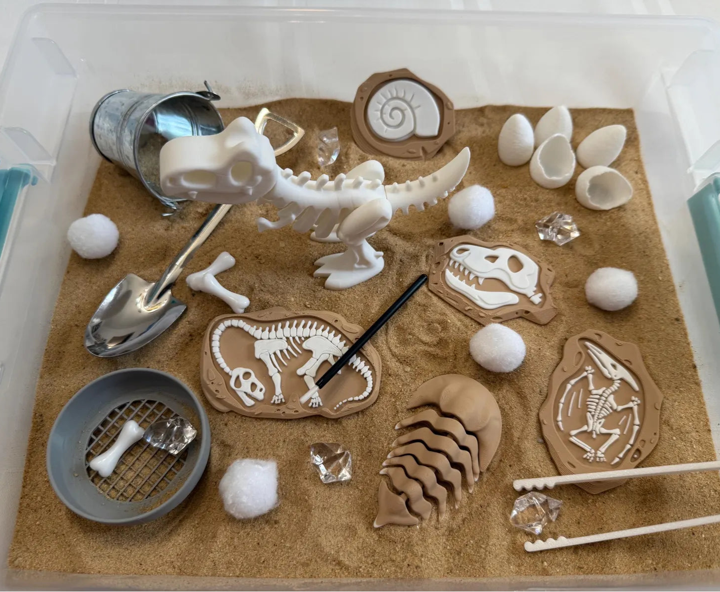 Dinosaur-themed playset with skeletons, tools, and sand in a clear container