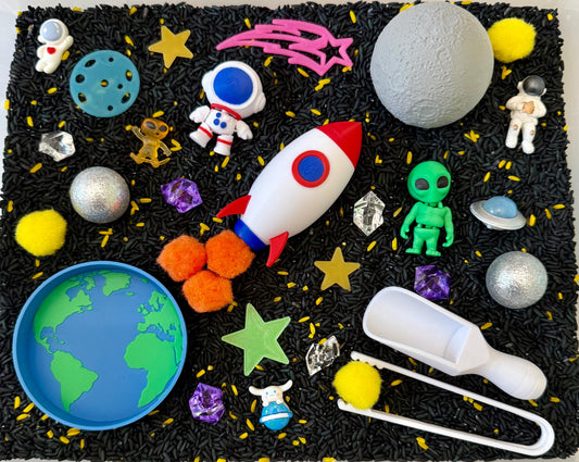 Outer Space Sensory Bin – Montessori Galaxy Play Kit | Planets, Rocket, Astronauts & Aliens – STEM Activity | Flisat Filler | Busy Bin