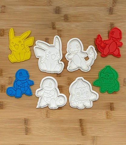 Pokemon Cookie Cutters & Embosser/Stamp Set - Pikachu, Charmander, Bulbasaur, Squirtle - Baking Fun with Fondant and Playdough!
