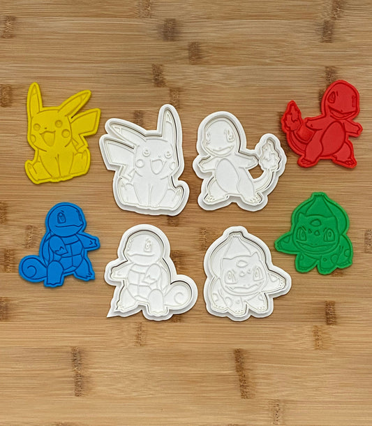 Pokemon Cookie Cutters & Embosser/Stamp Set - Pikachu, Charmander, Bulbasaur, Squirtle - Baking Fun with Fondant and Playdough!