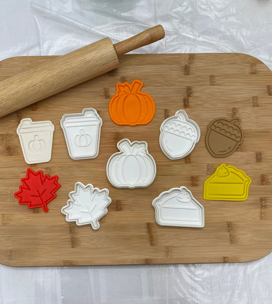 Thanksgiving and Fall Cookie Cutters & Embosser/Stamp Set – Pumpkin, Leaf, Acorn, Latte, Pie – Autumn Baking Fun with Fondant and Playdough!